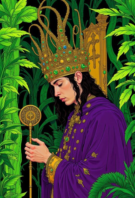 A hyper-realistic drawing of a young man with refined, masculine features, inspired by the intricate textures of Sandro Botticelli’s artwork. He wears a royal purple robe adorned with sparkling amethysts, lending him a stately look. His surreal crown has tall, vine-like extensions, coiling around with elaborate Renaissance patterns, encrusted with over 1,000 tiny emeralds. His long, dark hair is loosely tied back, and he holds a medieval scepter in one hand, the other arm bent elegantly across his chest. The background is filled with vivid, bright green, surreal vegetation, exaggerated in size and form, creating a striking contrast with his attire. The lighting is sinfully stylish, casting bold highlights and shadows, with a dramatic emphasis on the bright greenery that seems to glow in the surreal atmosphere. Photographed with a Sony A7R IV and a 135mm f/1.8 lens at ISO 200, f/1.8, the intricate robe details and crown jewels are sharply defined, capturing Botticelli's attention to form and texture. The contrast in the image is vivid and vibrant, with the lush green foliage accentuating his serene, regal aura against the surreal, dreamlike setting.