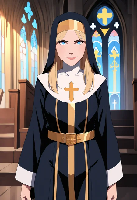 masterpiece, best quality, very aesthetic, absurdres,
1girl, blonde hair, blue eyes, long hair, nun, boots, dress, hat, robe,
upper body, warm smile, looking at viewer, solo, standing, church background  <lora:PhilBourrassaWesternArtstyleNoobLocon_byKonan:1>