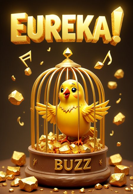 pixar type of 3d animation, Top of poster are the words "EUREKA!!", rp_slgd, A close up, macro, high definition photo of a huge gold nugget fragment, yellow lightning bolt buzz encased inside is a buzz symbol from Civitai, a bird cage with a Civitai 'BUZZ' symbol in the bird cage with a golden cute happy canary bird made out of gold, is singing. it is hung up on the wall, with music notes floating around as if there were a canary there singing like as if they were music notes floating around. <lora:sdxl\xl_rpr_soulgemmed_v1:0.90> 