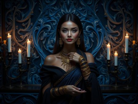 <lora:6B4426DED9C7CABDB1A44E006C07827E6A493CF5D6B917CCB5D49D661FEF650C.safetensors:1> a dream-concept
but larger and more detailed., swirling patterns in shades of blue, intricate, otherworldly appearance.,
In the heart of Mari, a noble woman stands against a backdrop of luxurious tapestries, each thread a testament to the skill of ancient artisans. She is a vision of elegance, her dark hair adorned with gold filigree that cascades in intricate patterns. Her attire is a black, off-shoulder gown, its fabric flowing like the night, with gold accents that shimmer like the stars. The gown clings to her form, highlighting her graceful posture and regal presence.
Three white candles on either side cast a warm, ambient glow, their light dancing across the gold jewelry that adorns her neck, wrists, and ears. Each piece is a masterpiece, crafted with meticulous care, the designs telling stories of ancient myths and legends. The candles’ flickering flames cast deep shadows and bright highlights, creating a dynamic interplay of light and dark that adds depth and intensity to the scene.
Her face is a canvas of emotion, her eyes wide and expressive, capturing a moment of profound contemplation. The sharp, well-defined outlines of her features are softened by the smooth, gradient-based coloring, giving her an otherworldly glow. Her lips are a soft, vibrant red, a stark contrast to the dark, ethereal background.
The atmosphere is rich and cinematic, the dramatic lighting and bold shadows drawing the eye to her every detail. The scene is a blend of timeless beauty and modern allure, perfect for high-end fashion or the celebration of ancient craftsmanship.