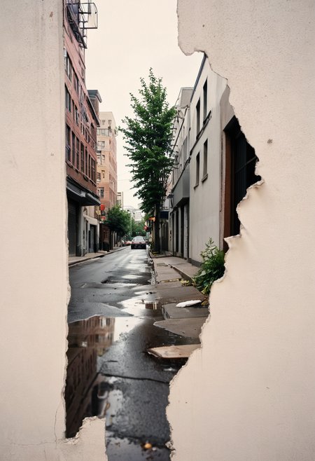 A residential street in a modern city, some trash on the corners and some puddles from a recent rain, it's daytime, some plants on windows and sidewalks, it looks like a nice place to live.