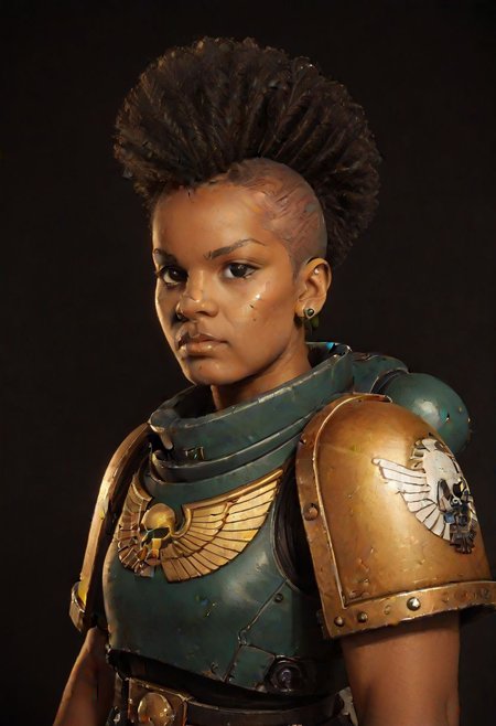 score_9,score_8_up,score_7_up, 1 woman, black woman, curly afro mohawk, 40 year old, minor detailed facial scarring, warhammer 40000, knva, halftone effect, retro artstyle, full battle armor, SpaceMarine1024, OverallDetail, raw photo realistic