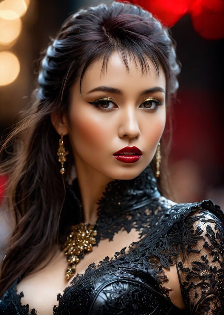 a captivating masterpiece of a woman, (((dressed in a western outfit))), ((upper body)), face, The intricate lace and gold details exude a very rebellious aura. ((The use of high-shine gloss adds a touch of glamour to the look)), ((while the deep red and black hues give it a dramatic vibe)), background is a street in New York, blurred background, studio ligthing, facing camera, shallow depth of field, (art by luis royo:1.2), <lora:MS_Aika_Yumeno_V2_SDXL:0.8>