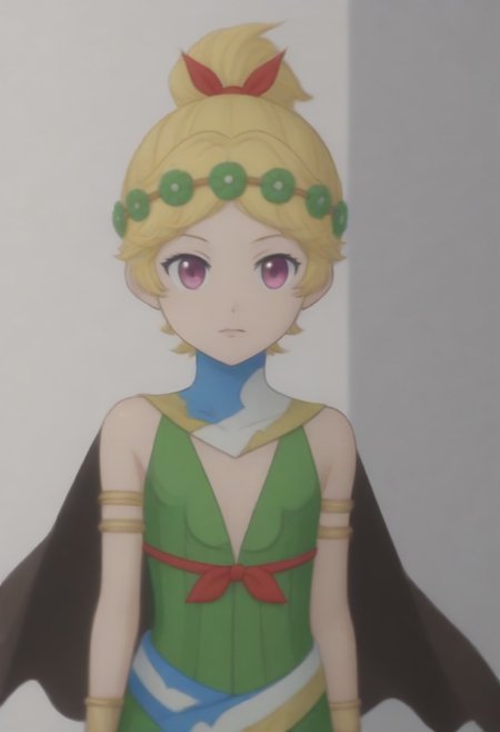 source_anime, anime screencap, source_anime, auratheguillotine, anime screencap, masterpiece, source_anime, shiny skin,,,,,, <lora:zs_DemeterXL:1> demetersmt, blonde hair, ponytail, head wreath, purple eyes, green dress, cleavage, cape, armlet, bracelet,