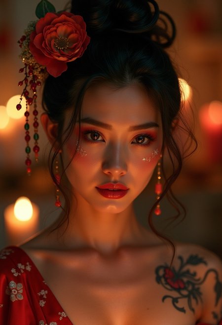A photorealistic, ultra-realistic, A gorgeous seductive japanese dancer, exuding elegance and grace, adorned with delicate jewelry and traditional flowers in her hair. Her stunning beauty is enhanced by dynamic, fluid movements, creating a sensual and captivating atmosphere. The dancer’s intense emotions are expressed through her mesmerizing gaze and perfectly balanced composition. She wears a sexy version of traditional japanese dancer costume. her tattooed body glistening as candles softly illuminate her silhouette. Her blushing face is captured with intricate detail, reminiscent of Jean Baptiste Monge, Carne Griffiths, Jeremy Mann, and Seb McKinnon, all in a sophisticated Vogue-style aesthetic