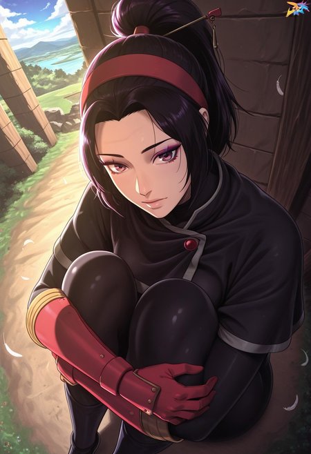 outdoors, undershirt, falling feathers, black bodysuit, hair stick, hugging own legs, , gauntlets,   eyeshadow,   red gloves,  high ponytail,  , black capelet, red hairband, pink eyes, 1girl, solo
 dynamic angle, foreshortening, dartILL,