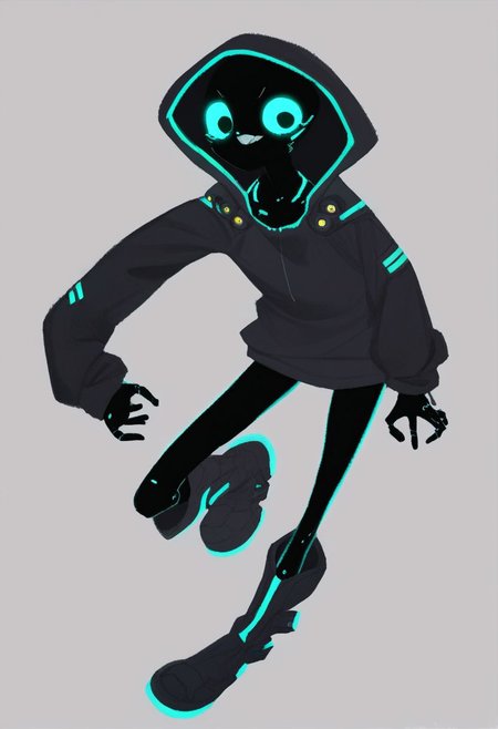 score_9, score_8_up, score_7_up, score_6_up, score_5_up, score_4_up, 1entity, slender, oversized hoodie, hood up, glowing eyes, neon stripes hoodie, nothing under the hood, shadow under the hood, flat chest, pure black skin, thin legs, boots, fleeing pose, holster, action shot, dynamic, cyberpunk, teeth, sarcastic grin, Shadowed Face, pikaole, cute