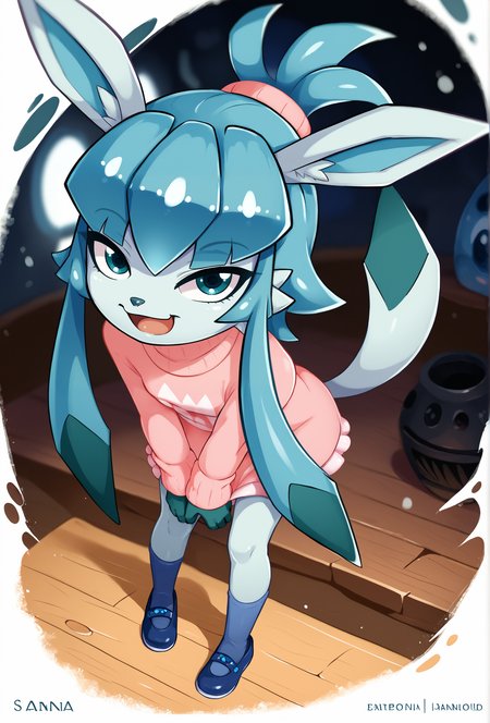 score_9, score_8_up, score_7_up, score_6_up, score_5_up, score_4_up, <lora:shadowill_style_ponyXL_v1.2:1> shadowillstyle,( english text, character name:1.2), (depth of field:1.1) ,
1girl, furry, glaceon, beehive hairdo, blunt ends, dyed bangs, medium hair, light blue eyes,shirt, kneehighs, dress shoes, (white background:1.1), white theme, happy, eye reflection, , foreshortening, winter