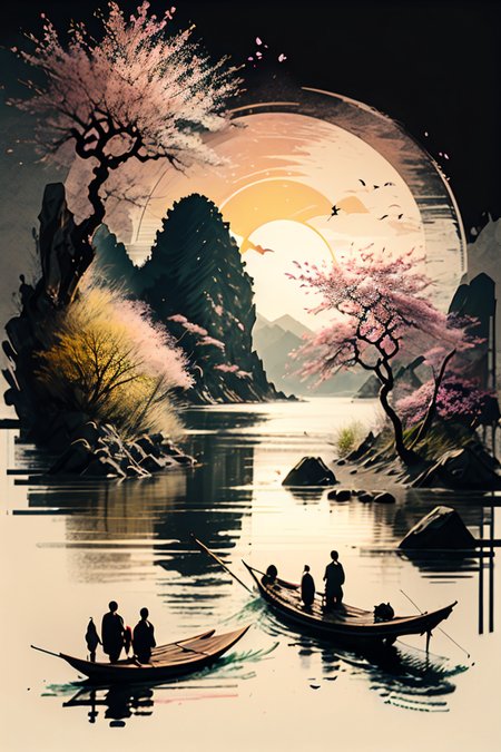 <lora:Calligraphy-ink-style-darquelilly-v1:1> calligraphyinkstyle, sunlight, midday sun, summer, volumetric lighting, sunshine reflected in the water, black background, peaceful atmosphere, detail colour is yellow, a cherry blossom tree, blooming flowers