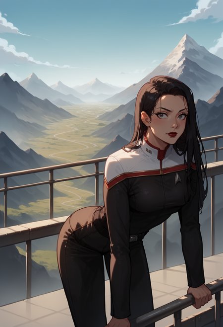 core_9, score_8_up, score_7_up, score_6_up, 1girl,bending over,handrail,view,safetyrail,mountains,long hair,black hair,red lipstick,
toddunf,star trek uniform,black jumpsuit,white shoulders
,<lora:STOdysPony>