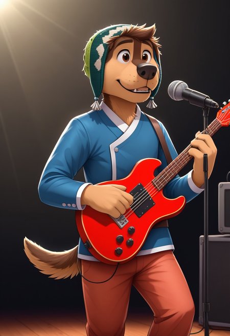 score_9, score_8_up, score_7_up, cartoon_style, ((by BodiPhant0m)), byBodiRDz, 4k, 8k, The best quality, very well drawn, detailed,
high quality, detailed, 4k, high resolution, high quality, high resolution, outdoors, furry character, canine, 2d, solo, 
rockdog, bodi, style rock dog, movie style, style[rockdog], rockdog, male, tibetan mastiff, mastif, dog boy, dog, bodi, Tibetan Mastiff with brown-and-tan fur with tan fur on his muzzle, hands and feet black nose, brown eyes and black trimmed claws, blue Tibetan jacket with a white trim, white cuffs and a white belt, red-orange pants with white cuffs and a green Tibetan beanie cap with locks of his mane poking out from the front,
teeth, blurry background, furry, spotlight, dog, music, guitar, furry_male, playing_instrument, holding instrument, instrument, microphone, furry, dog tail, guitar, microphone_stand, concert,
(sexy), naked, exposed, easynegative, Split Lighting style, partially covered in shadow