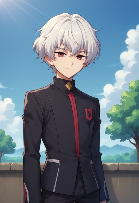score_9, score_8_up, score_7_up, source_anime, highly detailed, 
lusia, 1boy, male focus, solo, school uniform, white hair, smile, red eyes, looking at viewer, short hair, black jacket, long sleeves, upper body, black pants,
outdoor, sky, clouds, tree