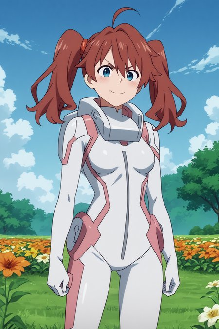 kokoro,1girl,solo,long hair,twintails,ahoge,bodysuit,white bodysuit,pilot suit,long hair,hands_on_hips,cowboy shot,smirk BREAK outdoors,blue sky,cloudy_sky,orange flower,flower field,tree  <lora:Miku_-_Darling_in_the_franxx.safetensors:0.8> <lora:detailed_backgrounds_v2.safetensors:0.5>