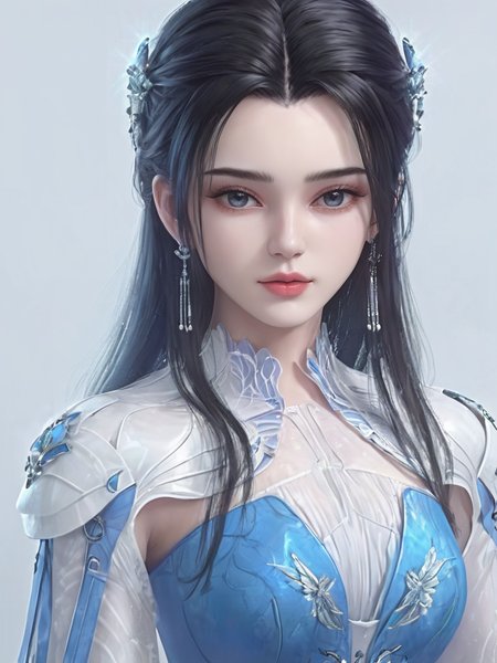 1girl, black hair, dress, hair ornament, solo, long hair, hair bun, upper body, blue dress, jewelry, earrings, white dress, long sleeves<lora:limuwan-000006:0.6>, 8k portrait,of beautiful girl white cyborg,elegant,majestic,digital photography,art by artgerm and ruan jia, surreal painting butterfly,highres,focus,colorful,paint,illustration,glow,impossible figures,paradoxical art,paradox,impossible geometry,hypercube,abstract fantasy castle,Beautiful Psychedelic Trippy White Intricate Detailed Elaborate,<lora:3DMM_V12:0.7>,<lora:LowRA:0.7>,