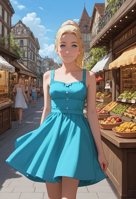 1girl, solo, score_9_up, score_8_up, score_7_up, score_6_up, cute face, detailed and beautiful face, detailed and beautiful eyes, cute girl, inoYamanakaPDXL, blonde, ponytail, blue eyes, medium breasts, sundress, walking in a marketplace, many food stalls, looking at the viewer, detailed, intricate details, realistic, FaceDetail, stunning, masterpiece, side view, smiling, closed mouth,