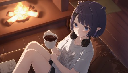 quragenomiken, 1girl, solo, looking at viewer, smile, short hair, blue eyes, shirt, hair ornament, holding, closed mouth, sitting, white shirt, purple hair, short sleeves, sidelocks, shorts, pointy ears, virtual youtuber, indoors, official alternate costume, mole, blurry, cup, mole under eye, short shorts, blurry background, black shorts, headphones, from above, bob cut, fire, t-shirt, holding cup, knees up, couch, official alternate hairstyle, wooden floor, mug, headphones around neck, official alternate hair length, coffee mug, rug, fireplace, campfire, ninomae ina'nis <lora:quragenomiken:0.8>, film grain