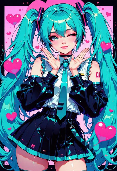 artist:moriimee, in the style of cksc, in the style of cknc, hrtdrp, Hearts Drips, masterpiece, best quality, good quality, very aesthetic, absurdres, newest, 8K, depth of field, focused subject, BREAK  hatsune miku, vibrant, hearts, smile, wink, cowboy shot, dynamic pose