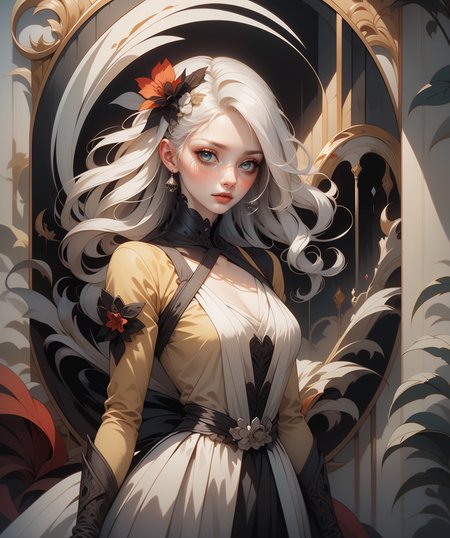 (masterpiece), (best quality), (vibrant light colors), intricate pattern, <lora:AnzhcDreamwave v3_1 watermark fix:0.5> anzhcdreamwave, aesthetic, canvas with red paint, 1girl, white hair, pale, creativity, white dress, hair ornament, dreamlike, (blurry background:1.1)