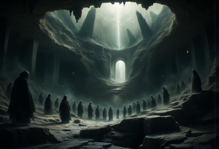 A vast and endless underworld, Sheol stretches beneath the earth like a forgotten chasm, its atmosphere thick with an eerie, otherworldly silence. The ground is cracked and lifeless, composed of blackened stone and ashen dust, while towering jagged pillars fade into an eternal twilight. The air is heavy with a ghostly mist, swirling around the countless shadowy figures, endless in number, stretching as far as the eye can see.
These spectral forms, their shapes flickering between solid and translucent, drift aimlessly in the gloom—faceless, hollow-eyed, their bodies blurred between existence and nothingness. Some stand motionless, frozen in time, while others shuffle forward in eternal silence, lost to the void. Their outlines waver, dissolving like smoke only to reform again, as if trapped in an endless loop of forgotten souls.
Dim, flickering lights, like dying embers, float aimlessly in the gloom, casting faint, shifting glows over the abyss. The walls of Sheol seem to stretch infinitely, carved with ancient, unreadable inscriptions, whispering the secrets of the dead. Deep within, shadowy doorways hint at even darker depths, places where the silence is broken only by the distant echoes of murmured laments.
A sense of vast isolation and eerie tranquility lingers, as if time itself has lost meaning. There is no fire, no torment—only the weight of eternal stillness, the mournful whispers of the countless souls that have long faded from the world above.
Ultra-detailed, cinematic lighting, dark fantasy, gothic realism, atmospheric and haunting, hyper-realistic textures, eerie and mystical composition. DarkAtmosCE style, aidmamj6.1