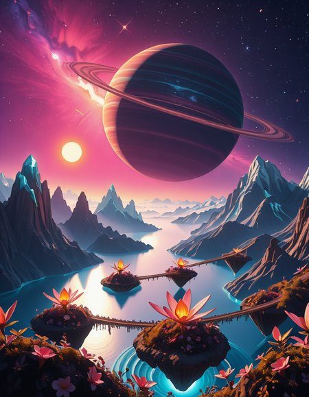 A breathtaking, high-resolution photograph of a celestial paradiseâa stunning, habitable planet floating in the vastness of space. The sky is a mesmerizing blend of deep purples, blues, and pinks, illuminated by twin suns casting golden light over the landscape. Towering crystal mountains shimmer in the distance, reflecting the vibrant hues of the nebula-filled sky. A vast, glowing ocean stretches across the horizon, its surface gently rippling with bioluminescent waves. Floating islands covered in lush, alien vegetation hover above the water, connected by natural bridges of luminescent vines. Exotic, radiant flowers bloom in every color imaginable, while gentle, ethereal creatures with translucent wings glide through the air. In the sky, a massive ringed gas giant looms majestically, its swirling clouds casting soft shadows over the dreamlike terrain. The air shimmers with floating particles of light, creating a surreal, otherworldly ambiance. The entire scene feels like a cosmic utopiaâtranquil, awe-inspiring, and untouched by time.
<lora:SDXLFaeTastic2400:0.4> <lora:extremely_detailed:0.4> extremely detailed,Celestial p4r4d1s3, <lora:Celestial_p4r4d1s3-i:1>, Masterpiece,best quality,hi res,8k,hi res,8k,award winning,(sharp focus, intricate, highly detailed),