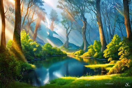 (masterpiece:1.2), (best quality,:1.2), 8k, HDR, ultra detailed, ((photorealistic)), professional light, cinematic lighting, fashion photography, ambient lighting, face lighting,  <lora:detail_slider_v4:4.>, a small lake in a forest, sunlight, godrays, reeds, FanFo, <lora:FantasyForest-10:0.9>, epiCPhoto