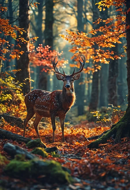 Deer, in dense forest, vibrant, colorful, cinematic lighting, 8k <lora:add-detail-xl:1> <lora:MJ52:0.5>