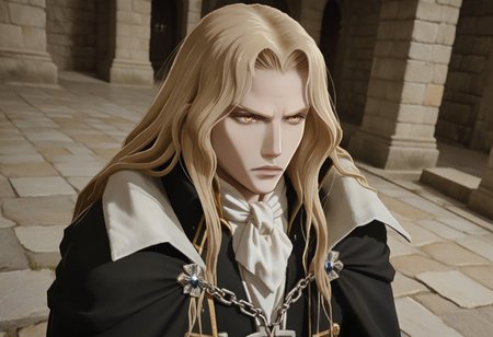 score_9, score_8_up, score_7_up, source_anime, 1boy, solo, expressionless
<lora:zs_FEWarriorsPortraitsXL:1> fewarriorsportraits, portrait, <lora:Alucard_-_Castlevania:0.8> alucard_castlevania, long hair, yellow eyes, pale skin, cape, ascot, black gloves, black pants, coat, stone walls, stone floor, basement setting, castle setting, dutch angle, dynamic angle