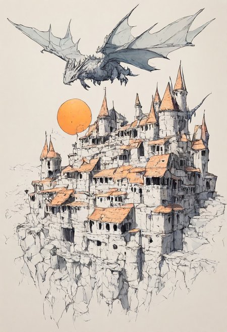 FF Style, Masterpiece (Quality), clean background, crisp, a heavily armored dragon flying over a medieval city