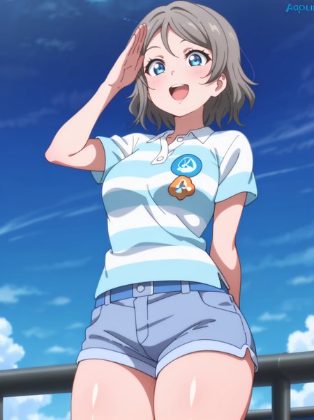 masterpiece, best quality, amazing quality, very aesthetic, absurdres, newest,shiny skin,  anime coloring, anime screenshot,     <lora:WatanabeYouAquarium:1>short hair, blue eyes,grey hair,, 1girl, solo, aquariumshirt, striped, shirt, striped shirt, short sleeves, shorts, smile, thick thighs,  salute open mouth,