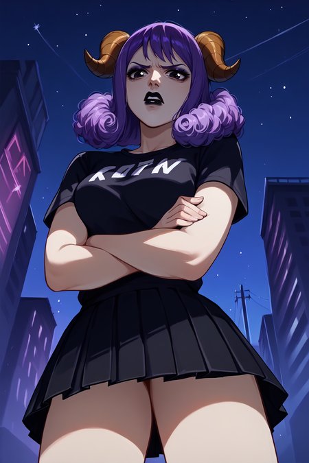 score_9, score_8_up, score_7_up, score_6_up, BREAK 1girl, solo, <lora:NSAriesFairyTail:1> NSAriesFaiTai, sheep horns, purple hair, medium hair, hair curls, black t-shirt, black skirt, pleated skirt, parted lips, black lipstick, purple eyeshadow, from below, city, night, dark, disgusted, crossed arms