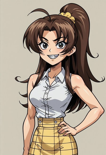 score_9, score_8_up, score_7_up, 1girl, solo, flat color, Luan Loud, brown hair, ponytail, black eyes, yellow scrunchie, braces, buck teeth, long hair, parted bangs, white shirt, collared shirt, sleeveless, yellow skirt, plaid skirt, medium breasts, narrow waist, wide hips, hip sway, hand on hips, seductive, sexy, <lora:Asagi_OAV_:0.6>,