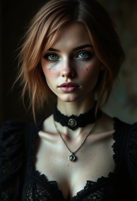 Photorealistic portrait of a young woman with a delicate, angular face featuring soft freckles across her nose and cheeks. She has a short, choppy light chestnut brown bob haircut with uneven bangs that frame her expressive, slightly downturned blue eyes. Her pale skin is accentuated by the contrast of light hitting one side of her face, leaving the other in shadow. lace choker,cleaveage, sexy corset,seductive,sultry, seductive,  blending gothic elegance with a soft, vulnerable expression. The background is silhouetted, creating a dramatic and mysterious atmosphere <lora:Dever_Flux_Enhancer:0.85>   <lora:aidmaFluxPro1.1Stylev0.2:0.7> aidmafluxpro1.1