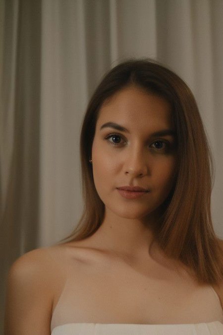 Create a portrait masterpiece with perfect anatomy, utilizing a medium shot for a RAW photo of a 30-year-old woman. Showcase curtain bangs, focusing on her head, hair, shoulders, and hands down. Set against a plain white background, the image is captured in 8K UHD using a DSLR camera, employing soft lighting for high-quality results. Introduce a touch of film grain, shot with a Fujifilm XT3, Glamour
Sexy Woman
Look at viewer: 1.2
Cinematic light
Even lighting
High key
Low Key
Shadow
Contrast
Visual Detail:
Skin texture
Small skin pores
Film grain: 1.3
Warm hue, warm tone: 1.2
Technical Aspect:
Ultra-high res