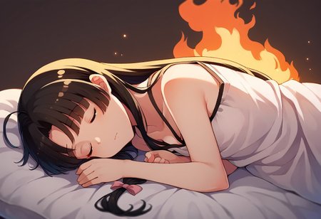 score_9, score_8, score_7, source_anime, shouhou (kancolle), sleeping, lying, fire, flames