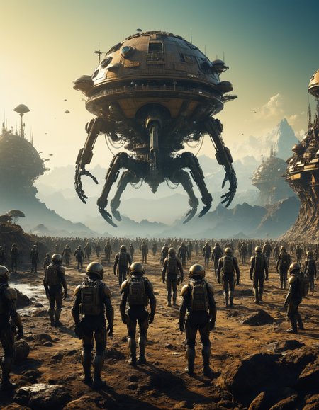 by (Adonna Khare:1.2) and (Eugene Galien-Laloue:1.1), hyper realistic medium full shot photo of  a (colony of humans living on a distant planet:1.1),  (bold , macabre , masterful:1.4), poster art, bold lines, hyper detailed, expressive,  award winning,  dark limited color palette, high contrast, depth of field, (intricate details, masterpiece, best quality:1.4),
sunbeams lighting, looking at viewer, dynamic pose, wide angle panoramic view,
<lora:add-detail-xl:0.8> <lora:xl_more_art-full_v1:0.5> <lora:looking_at_viewer:2>