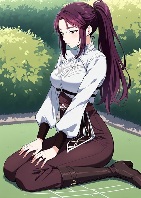 <lora:Vanesy_Glory__The_Beginning_After_the_End__Illustrious-000010:1>
1 girl, solo, brown eyes, purple hair, long hair, ponytail, sidelocks, thick eyebrows, 
uniform, white shirt, long sleeves, belt, boots, ring
score_9, score_8_up, score_7_up, masterpiece, best quality, absurdres, perfect anatomy, 1girl, solo, wariza, sitting, hands on own knees, garden background