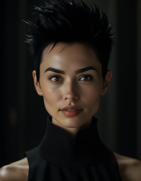 A mysterious portrait of a woman with short, spiky black hair, her angular face half-hidden in shadows, her dark eyes filled with secrets, her lips slightly curved in a knowing, enigmatic smile. <lora:usual-portrait-v2:1>