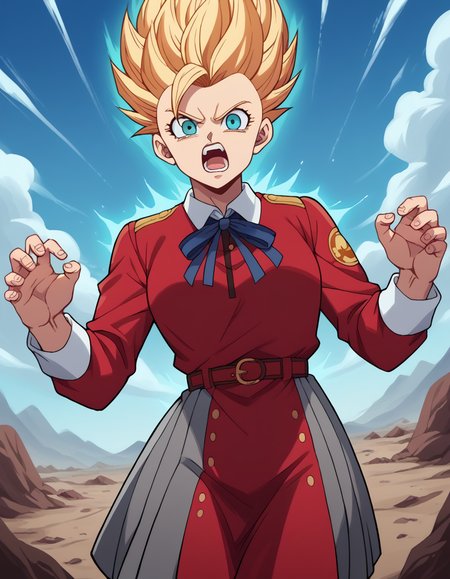 score_9, score_8_up, score_7_up, source_anime, <lora:super-saiyan-ponyxl-lora-nochekaiser:1>, super saiyan, spiky hair, aura, open mouth, closed hands, shouting, breast, 
<lora:chisato-nishikigi-s1-ponyxl-lora-nochekaiser:1>,
shirt, long sleeves, dress, ribbon, white shirt, collared shirt, belt, neck ribbon, red dress, blue ribbon, pleated dress, grey dress, two-tone dress, red belt, lycoris uniform,
wasteland, sky, blue sky, clouds,, cowboy shot, dutch angle, looking at viewer,