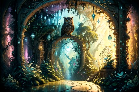 An ancient library hidden within an enchanted forest, illuminated by bioluminescent plants and floating crystals, as seen through the eyes of a curious owl at twilight. <lora:Lost_In_Dreams:0.7> <lora:xl_more_art-full_v1:0.6>, (masterpiece:1.2), best quality, (hyperdetailed, highest detailed:1.2), high resolution textures