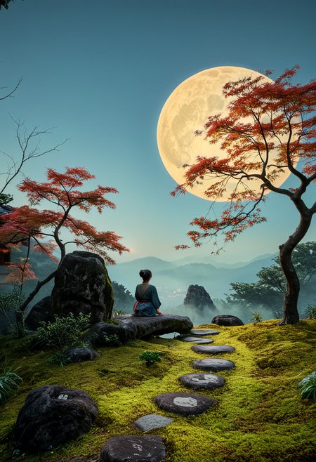 d577:0.25, A realistic Japanese courtyard garden with moss-covered mounds,natural stones and neatly arranged stepping stones forming a winding path, wabi-sabi aesthetics, spatial layering, and material harmony, a person sitting on a rock in the middle of a grassy area with a full moon in the sky in the background, mountains and trees in foggy area and sunset and sunset is in distant area on hill in background in foreground and sunset, cinematic lighting, glossy paper, iso150, 35mm, score_9, score_8_up, score_7_up, intricate details, Hyperrealism style, 3d, concept-art, dreaminess, psychedelic, shallow-depth-of-field, cinematic lighting, soft bokeh, very beautiful composition, Unreal, real-time 3D, Epic Games style, Unreal Engine style, 3d-rendering, vibrant contrast depth and shadow enhanced using (Gaussian blur) for a soft background focus, (sharpen filter) applied, (color grading) to enhance contrast between warm and cool tones, (noise reduction) for a smooth, clean finish, (HDR toning) used for extra depth and detail, highly detailed dreamy background detailed skin texture, subsurface scattering award-winning, professional, highly detailed . dreamlike, mysterious, provocative, symbolic, intricate, detailed, hyper-detailed, masterpiece, award winning, midjourneyv6.1