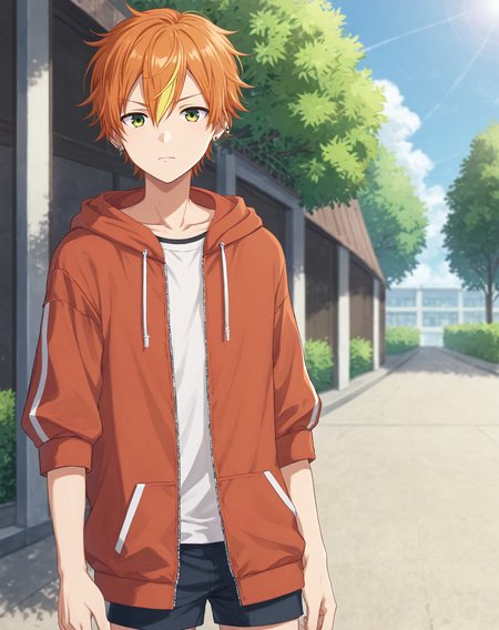 score_9, score_8_up, original style, depth of field, BREAK, rating_safe, 1boy, solo, male focus, cowboy shot, <lora:shinonome_akito_pony:1> shinonome_akito_pony, green eyes, messy hair, orange hair, streaked hair, yellow hair, ear piercing, short hair, hair between eyes, bangs, ear piercing, skinny, thighs, outdoors, day, <lora:sdxl_lightning_8step_lora:1>  <lora:xl_more_art-full_v1:0.5>