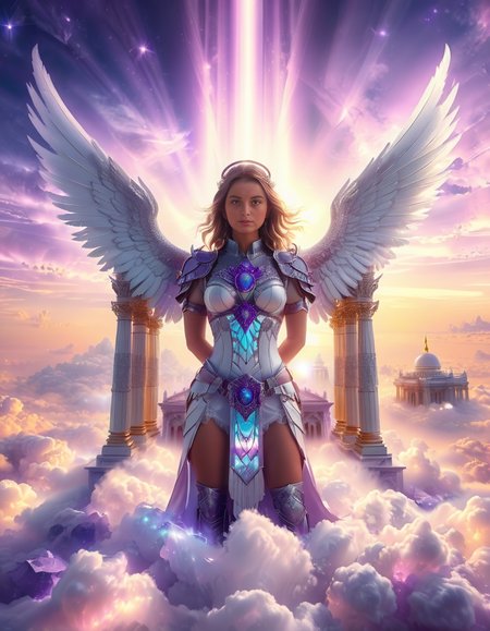 <lora:sky_t3mpl3:1>,cowboy shot,(looking at viewer:1.6),
A fierce warrior angel standing on clouds in front of a majestic celestial sky temple,sky t3mpl3.(arms behind back:1.3), She wears futuristic, sleek black armor with purple accents, blending fantasy and sci-fi elements. Her armor is adorned with glowing, purple gemstones at her chest and shoulders, radiating a soft light that matches the ethereal surroundings. Large, metallic angel wings with a high-tech design extend from her back, with white feathers and metallic frames, combining elegance with strength. She looks directly at the photographer with an intense, focused gaze, creating a powerful connection with the viewer. Behind her, the grand temple is made of gleaming, white stone and crystal pillars, floating among the clouds, illuminated by soft rays of heavenly light. The sky is filled with a soft pink and purple glow, casting a serene yet powerful atmosphere around this divine guardian.<lora:SDXLFaeTastic2400:0.4> <lora:extremely_detailed:0.4> extremely detailed,, Masterpiece,best quality,hi res,8k,hi res,8k,award winning,(sharp focus, intricate, highly detailed),
