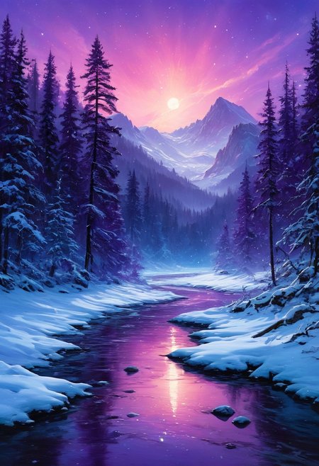 Artwork, anime, cyberpunk,  Vibrant Sharp style. A breathtaking expanse of a winter river winds through a dense forest, its surface shimmering as it reflects the ethereal hues of a twilight sky. The heavens burn with deep magentas, purples, and cosmic blues, while streaks of stardust and shooting stars illuminate the sky in a celestial dance. Wisps of clouds, painted in soft brushstrokes of lavender and crimson, float like ethereal ribbons across the expanse. Towering pine trees, their branches laden with pristine snow, frame the scene, casting elongated shadows that stretch across the frozen ground. The river itself is a mesmerizing spectacle, its crystalline waters mirroring the celestial canvas above, rippling softly as it flows over partially submerged stones dusted with snow. Tiny flecks of luminescent frost swirl in the air, catching the starlight, creating a surreal and magical ambiance. This scene combines the majesty of nature with the vastness of the cosmos, reminiscent of a fantasy landscape where reality and dreams blend seamlessly into an otherworldly beauty.
