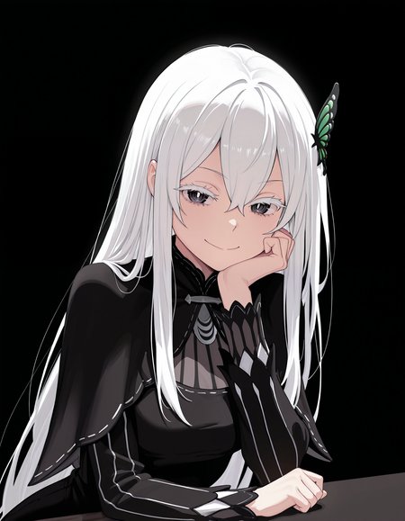 <lora:Echidna_1:1>ech1dna, colored eyelashes, hair between eyes, white hair,
echidn4dress, black dress, vertical-striped dress, capelet, long sleeves, butterfly hair ornament, 
sitting, upper body, hand on own chin, smile,
simple background, black background,, masterpiece, best quality, amazing quality
simple background, black background