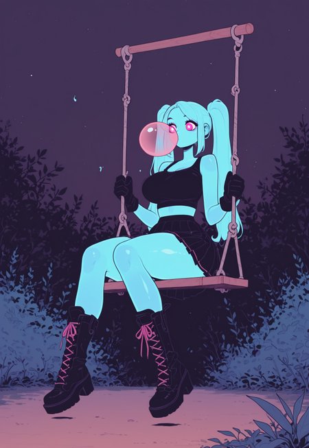 score_9, score_8_up, score_7_up, masterpiece, best quality, very aesthetic, 1woman, incoth, (incase:0.6), detailed face, (dynamic:1.1), (mature, curvy:0.7), (swing:1.1), garden, sitting on swing, swinging, bubble gum, huge bubble, pink eyes, white pupils, twin tails,  long hair, crop top, gloves, thick boots, skirt, nighttime, ghost girl, ghost, blue translucent skin, 