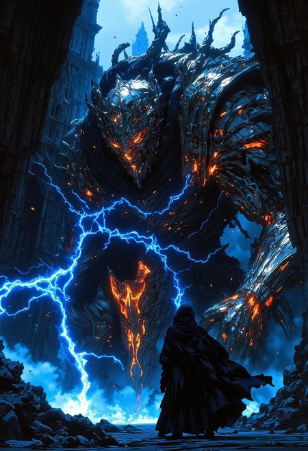 mythp0rt, midjourney_whisper_avant_couture, ne0nfant4sy, Silhouette art of an epic battle scene: a female android water elemental with flowing blue hair confronting a nightmarish mechanical behemoth in a gothic cathedral courtyard. The monster towers menacingly with multiple glowing crimson eyes, razor-sharp metal teeth, hydraulic jaw unhinged in a terrifying roar, smoke and steam billowing from its armored plates, jagged mechanical limbs ending in savage claws, exposed grinding gears and pulsing dark energy core. The water elemental channels surging waves and blue lightning against the beast, her ethereal cloak and hair flowing dramatically, ornate medieval architecture with climbing vines and crumbling spires frame the scene, ancient clock tower looming in background. Cybernetic details emit contrasting blue and blood-red lights, water droplets and energy particles exploding in air, shattered gothic arches and fallen pillars, dramatic rim lighting highlighting the clash between organic and mechanical, moody atmosphere where gothic fantasy meets dark cyberpunk warfare, deep shadows and glowing highlights emphasize the horror of the mechanical monster, debris and water effects filling the air, photorealistic, epic cinematic composition, volumetric lighting piercing through mist and smoke, octane render, 8k resolution, artstation trending, masterpiece, intense action scene --ar 2:3 --s 750 --q 2 --chaos 35 --stylize 1000