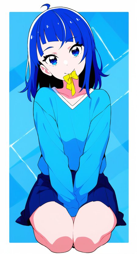 masterpiece, best quality, good quality, very aesthetic, absurdres, newest, sora harewataru, 1girl, alternate hairstyle, seiza,arms between legs, blue background, blue eyes, blue hair, blue shirt, blue skirt, casual, closed mouth, cut bangs, hair down, head tilt, long sleeves, looking at viewer, medium hair, miniskirt, mouth hold yellow Bow, pleated skirt, shirt, skirt, smile, solo, t-shirt, v-neck, v arms, White border, Geometric background
straight on <lora:ponyv5_noobV065S_1_adamW-000013:0.7> <lora:MeMaXL4:0.7>