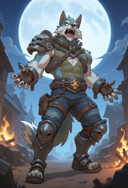 masterpiece,best quality,amazing quality, 1boy, solo, v1kt0r, furry, steel collar, steel chest harness, chain belt, brown fingerless gloves, metal wrist cuffs, kneecaps, steel leg armor, torn pants, single pauldron, torn green shirt, damaged footwear, full body, open mouth, no pupils, outside, full moon,