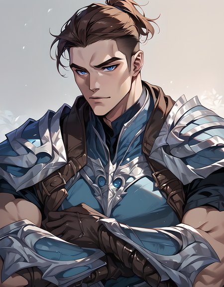 score_9, score_8, score_7, shen, <lora:Shen_def_v3:0.7>, sh3n, solo, 1boy, male focus, brown hair, short hair, short ponytail, blue eyes, zPDXL, portrait, looking at viewer, muscular, vambraces, gloves, armor, shoulder armor, gauntlets, <lora:luv:1>, portrait