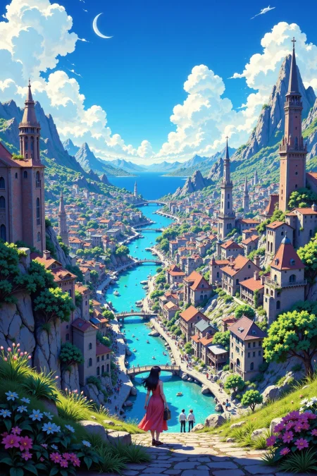 big city beautiful anime landscape, noon, woman, very intricate, very detailed, sharp, bright, colorful, <lora:Hand v2:0.5> <lora:Anti-Blur:1><lora:Insane Detail Slider:0.25>  <lora:flux.1_lora_flyway_Epic-detail_v2:0.3> <lora:fluxenhancer:0.25> <lora:ROWER:0.6> <lora:flux-charmer-v1-1:0.4> <lora:Colorful_Fantasy_Art_for_FLUX:1> fantasy art